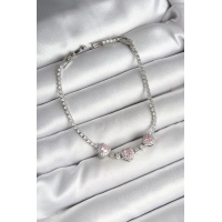 Pirinç Sıralı Pembe Kalp Figürlü Zirkon Taşlı Gümüş Renk Kadın Bileklik