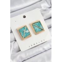 Pirinç Turkuaz Üçgen Kesim Detaylı Kare Model Vintage Gold Renk Kadın Küpe