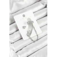 Pirinç Üçgen Figürlü Zirkon Taşlı Gümüş Renk 3lü Kıkırdak Kadın Küpe Set