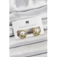 Pirinç Yeşil Mineli Lale Figürlü Sanatsal Portre Model Gold Renk Kadın Küpe