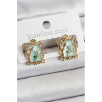 Pirinç Yeşil Mineli Sanatsal Portre Model Gold Renk Kadın Küpe