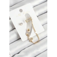 Pirinç Yılan Figürlü Zirkon Taşlı Gold Renk 3lü Kıkırdak Kadın Küpe Set