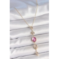 Pirinç Zincir Gold Renk Pembe Zirkon Taşlı Y Kolye