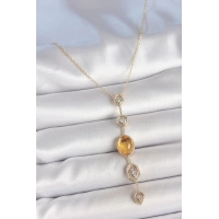 Pirinç Zincir Kehribar Sarı Gold Renk  Zirkon Taşlı Y Kolye