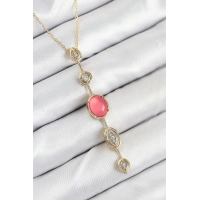Pirinç Zincir Pembe Gold Renk Zirkon Taşlı Y Kolye