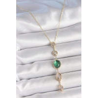 Pirinç Zincir Zümrüt Yeşil Gold Renk Zirkon Taşlı Y Kolye