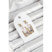 Pirinç Zirkon Taş Ve Dikdörtgen Figürlü Gold Renk 3lü Çift Kadın Küpe Set