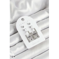 Pirinç Zirkon Taş Ve Dikdörtgen Figürlü Gümüş Renk 3lü Çift Kadın Küpe Set