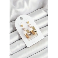 Pirinç Zirkon Taş Ve Halka Figürlü Gold Renk 3lü Çift Kadın Küpe Set