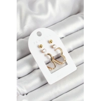 Pirinç Zirkon Taş Ve Kalp Figürlü Gold Renk 3lü Çift Kadın Küpe Set