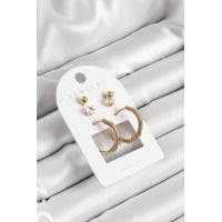 Pirinç Zirkon Taş Ve Kemik Halka Figürlü Gold Renk 3lü Çift Kadın Küpe Set