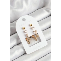 Pirinç Zirkon Taş Ve Yıldız Figürlü Gold Renk 3lü Çift Kadın Küpe Set