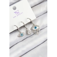 Pirinç Zirkon Taşlı 3lü Fatmanın Gözü Model Gümüş Renk Kadın Küpe