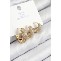 Pirinç Zirkon Taşlı 3lü Halka Model Gold Renk Kadın Küpe