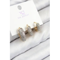 Pirinç Zirkon Taşlı 3lü Halka Model Gold Ve Gümüş Renk Kadın Küpe