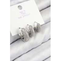 Pirinç Zirkon Taşlı 3lü Halka Model Gümüş Renk Kadın Küpe