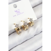 Pirinç Zirkon Taşlı 3lü Halka Yıldız Model Gold Ve Gümüş Renk Kadın Küpe