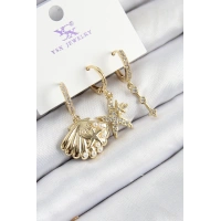 Pirinç Zirkon Taşlı 3lü İstiridye Ve Yıldız Model Gold Renk Kadın Küpe