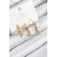 Pirinç Zirkon Taşlı 3lü Kuş Model Gold Renk Kadın Küpe