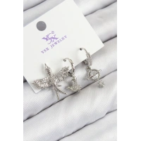 Pirinç Zirkon Taşlı 3lü Kuş Model Gümüş Renk Kadın Küpe