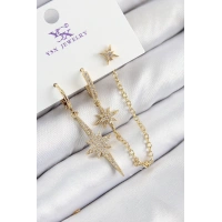 Pirinç Zirkon Taşlı 3lü Kutup Yıldızı Model Gold Renk Kadın Küpe