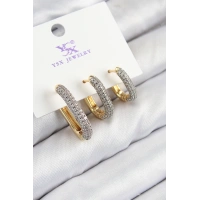 Pirinç Zirkon Taşlı 3lü Oval Dikdörtgen Model Gold Ve Gümüş Renk Kadın Küpe