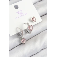 Pirinç Zirkon Taşlı 3lü Pembe Kalp Model Gümüş Renk Kadın Küpe