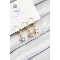 Pirinç Zirkon Taşlı 3lü Renkli Yıldız Model Gold Renk Kadın Küpe