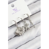 Pirinç Zirkon Taşlı 3lü Yıldız Ve İstiridye Model Gümüş Renk Kadın Küpe