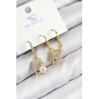 Pirinç Zirkon Taşlı 3lü Yunus Balığı Ve İstiridye Model Gold Renk Kadın Küpe