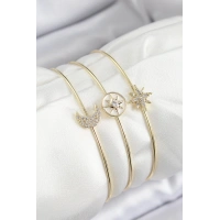 Pirinç Zirkon Taşlı Ay Ve Kutup Yıldızı Model Gold Renk Vip 3lü Kadın Bileklik