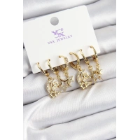 Pirinç Zİrkon Taşlı Ay ve Yıldız Model Gold Renk 3lü Çift Kadın Küpe