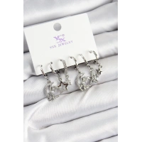 Pirinç Zİrkon Taşlı Ay ve Yıldız Model Gümüş Renk 3lü Çift Kadın Küpe