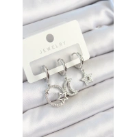 Pirinç Zirkon Taşlı Ay Ve Yıldız Model Gümüş Renk 3lü Çift Kadın Küpe Set