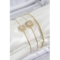 Pirinç Zirkon Taşlı Baget Model Gold Renk Vip 3lü Kadın Bileklik