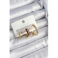 Pirinç Zirkon Taşlı Bordo Halka Model Gold Renk 3lü Çift Kadın Küpe Set