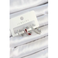 Pirinç Zirkon Taşlı Bordo Pembe Halka Model Gümüş Renk 3lü Çift Kadın Küpe Set