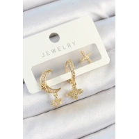 Pirinç Zirkon Taşlı Çiçek Ve Ay Model Gold Renk 3lü Çift Kadın Küpe Set