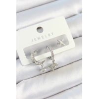 Pirinç Zirkon Taşlı Çiçek Ve Ay Model Gümüş Renk 3lü Çift Kadın Küpe Set