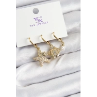 Pirinç Zİrkon Taşlı Deniz Yıldızı Ve İstiridye Model Gold Renk 3lü Kadın Küpe
