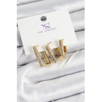 Pirinç Zİrkon Taşlı Dikdörtgen Model Gold Renk 3lü Kadın Küpe