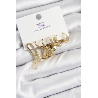 Pirinç Zİrkon Taşlı Dikdörtgen Model Gümüş Renk 3lü Çift Kadın Küpe