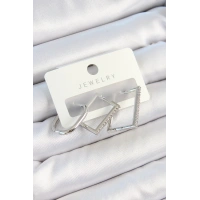 Pirinç Zirkon Taşlı Dikdörtgen Model Gümüş Renk 3lü Çift Kadın Küpe Set