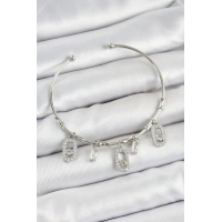 Pirinç Zirkon Taşlı Dikdörtgen Model Gümüş Renk Charm Bileklik