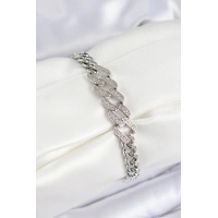 Pirinç Zirkon Taşlı Ezme Küba Zincir Model Gümüş Renk Kadın Bileklik