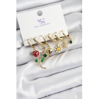 Pirinç Zİrkon Taşlı Gül Ve Papatya Model Gold Renk 3lü Çift Kadın Küpe