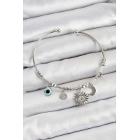 Pirinç Zirkon Taşlı Güneş Ay Ve Nazar Model Gümüş Renk Charm Bileklik