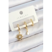 Pirinç Zirkon Taşlı Güneş Model Gold Renk 3lü Çift Kadın Küpe Set