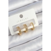 Pirinç Zirkon Taşlı Halka Model Gold Renk 3lü Çift Kadın Küpe Set