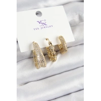 Pirinç Zİrkon Taşlı Halka Model Gold Renk 3lü Kadın Küpe